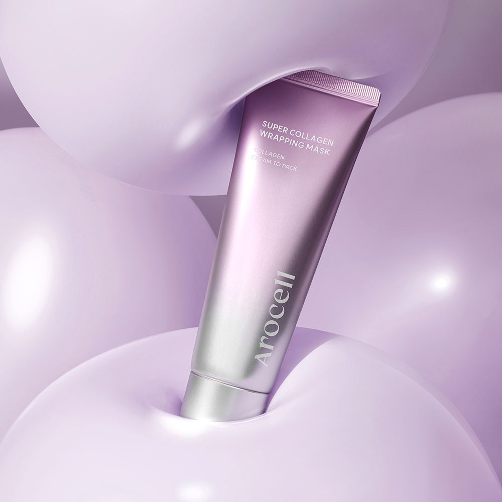 Tube du Super Collagen Wrapping Mask AROCELL présenté dans un décor violet