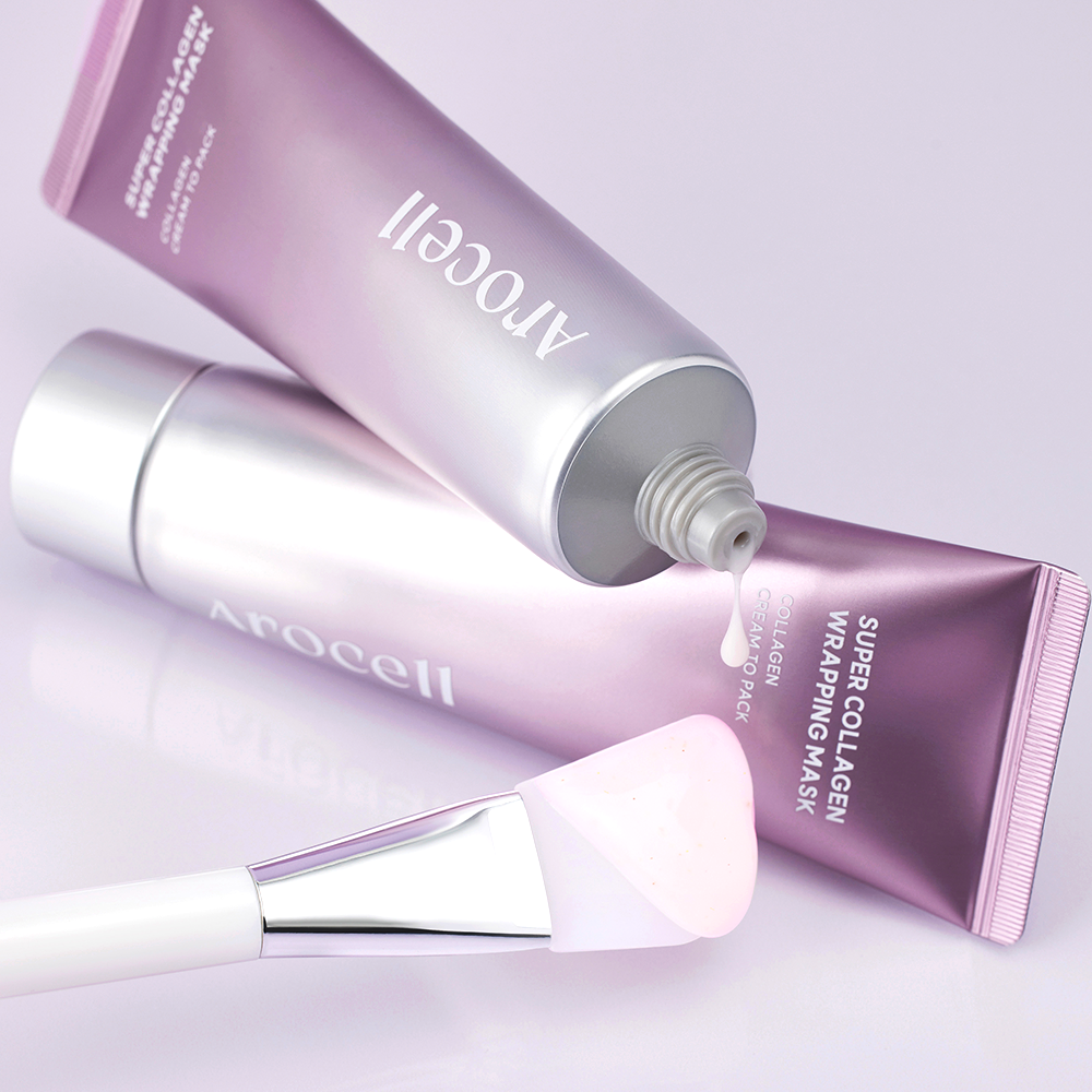 Tubes ouverts du Super Collagen Wrapping Mask AROCELL avec la texture et la spatule
