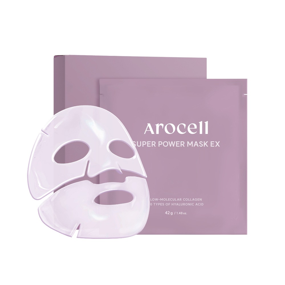 Sachets violets du Super Collagen Power Mask AROCELL accompagnés du masque hydrogel en deux parties