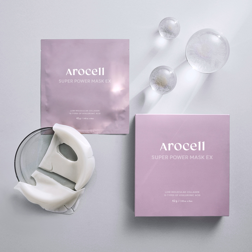 Boîte et sachet du Super Collagen Power Mask AROCELL avec le masque hydrogel sur fond gris