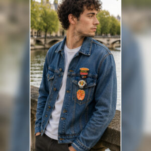 Set K-Food porté sur une veste en jean dans un style parisien
