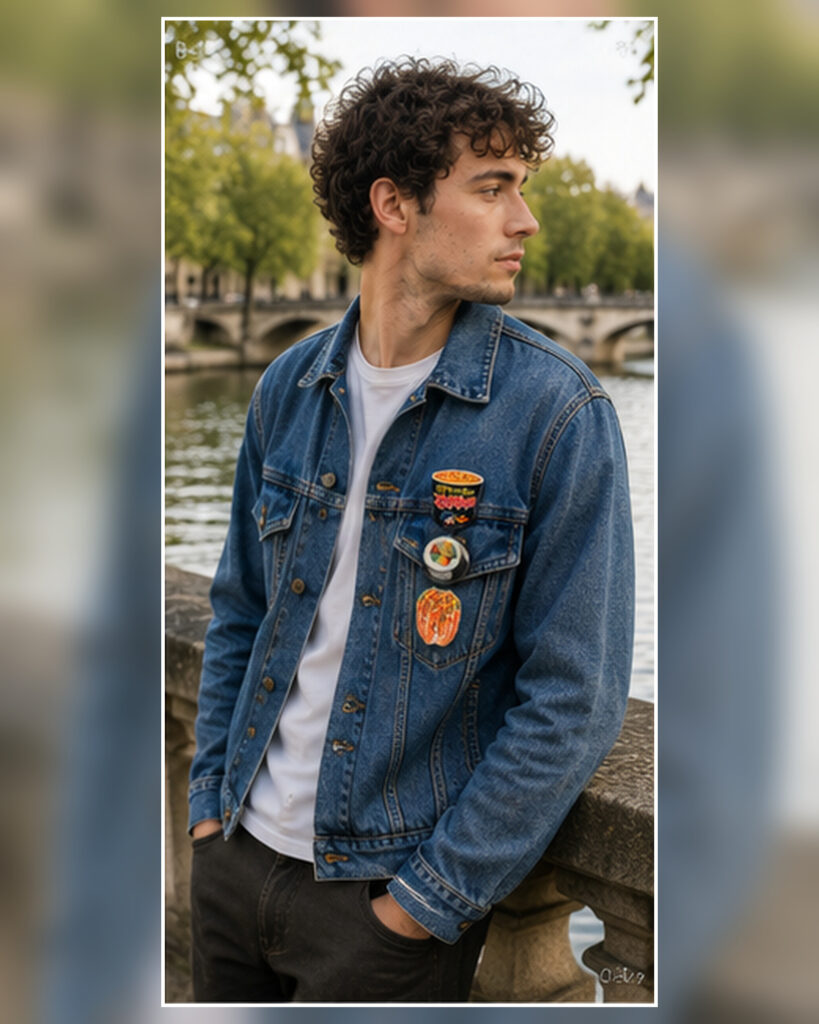 Set K-Food porté sur une veste en jean dans un style parisien