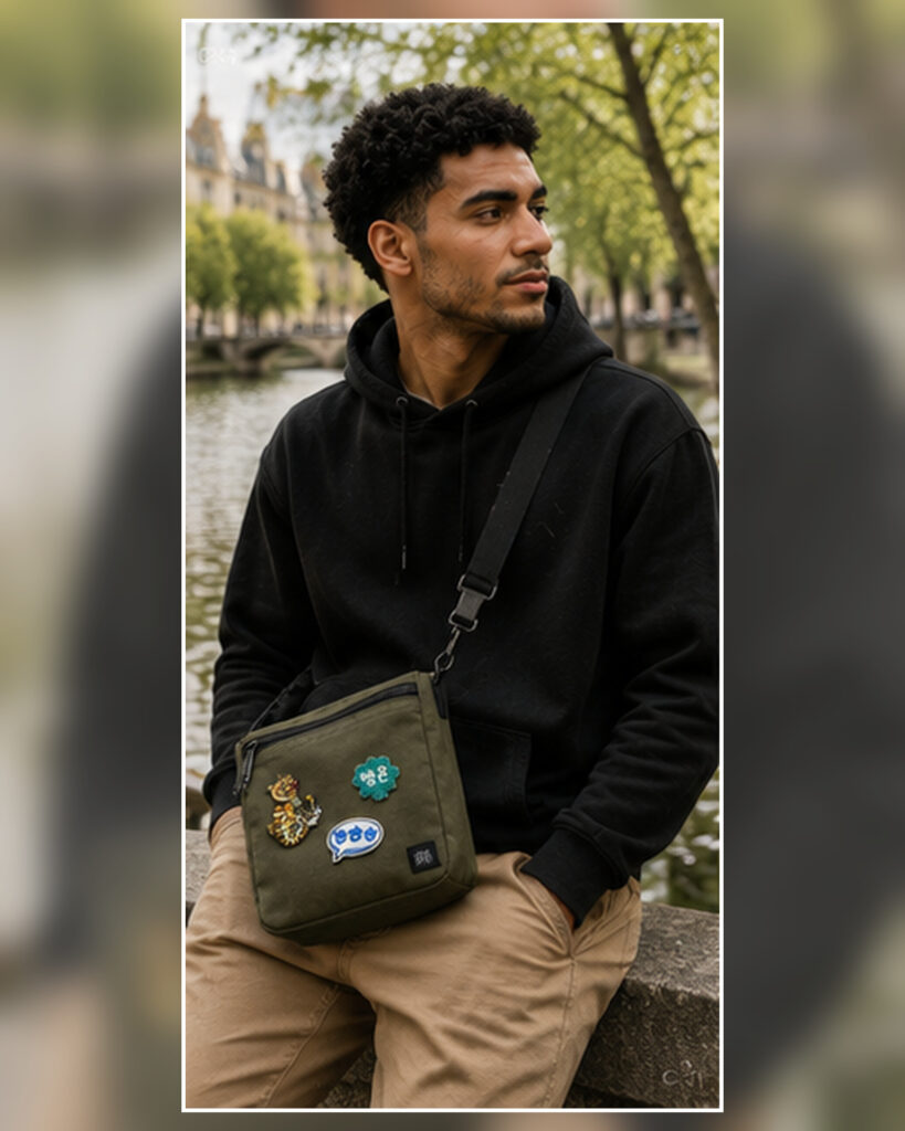 Set Tigre & Hangeul porté sur un sac bandoulière dans un style parisien