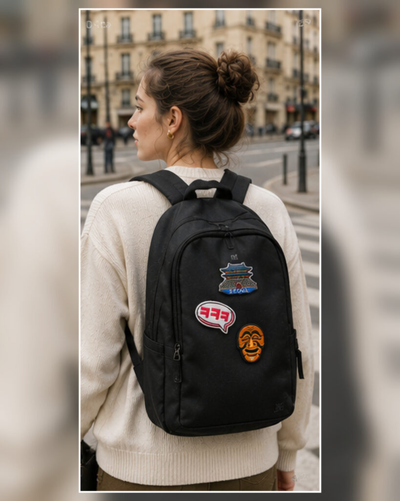 Set Séoul & Hangeul porté sur un sac à dos dans un style parisien
