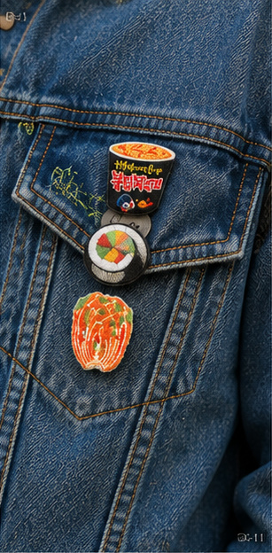 Détail du set de patchs brodés coréens K-food : ramyeon, gimbap et kimchi