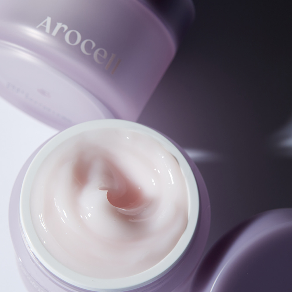Pot ouvert de la crème Super Collagen Booster Cream AROCELL montrant sa texture rose