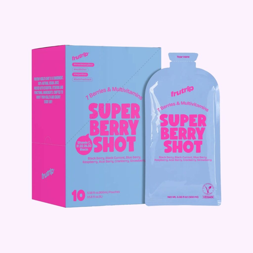 FRUTRIP Super Berry Shot aux sept baies, boîte et sachet