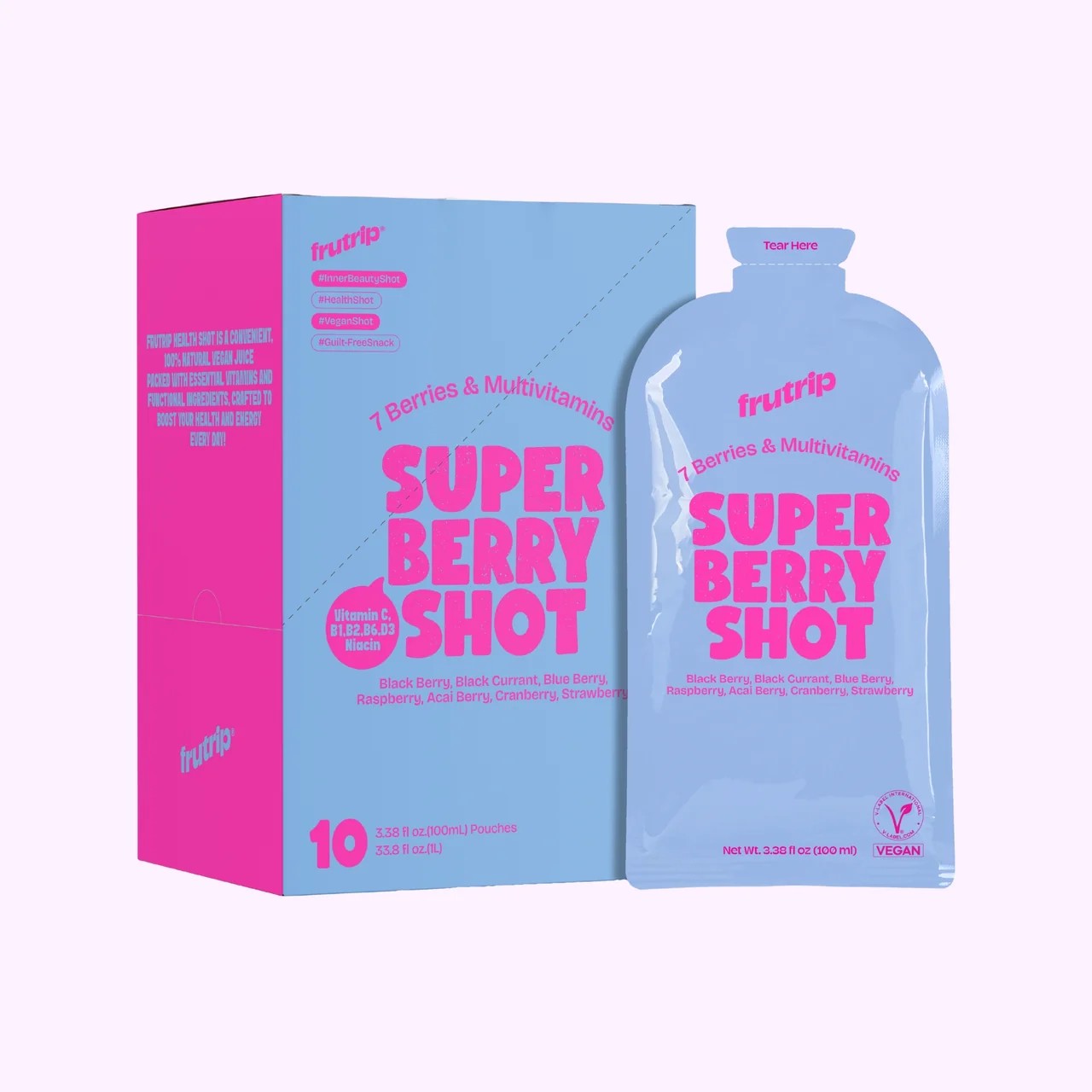FRUTRIP Super Berry Shot aux sept baies, boîte et sachet