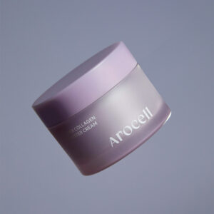 Pot violet de la crème Super Collagen Booster Cream AROCELL, présenté en angle