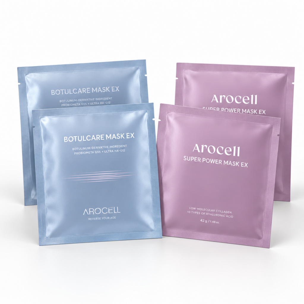 Routine découverte AROCELL : deux sachets bleus Botulcare et deux sachets violets de masque collagène, sur fond blanc.